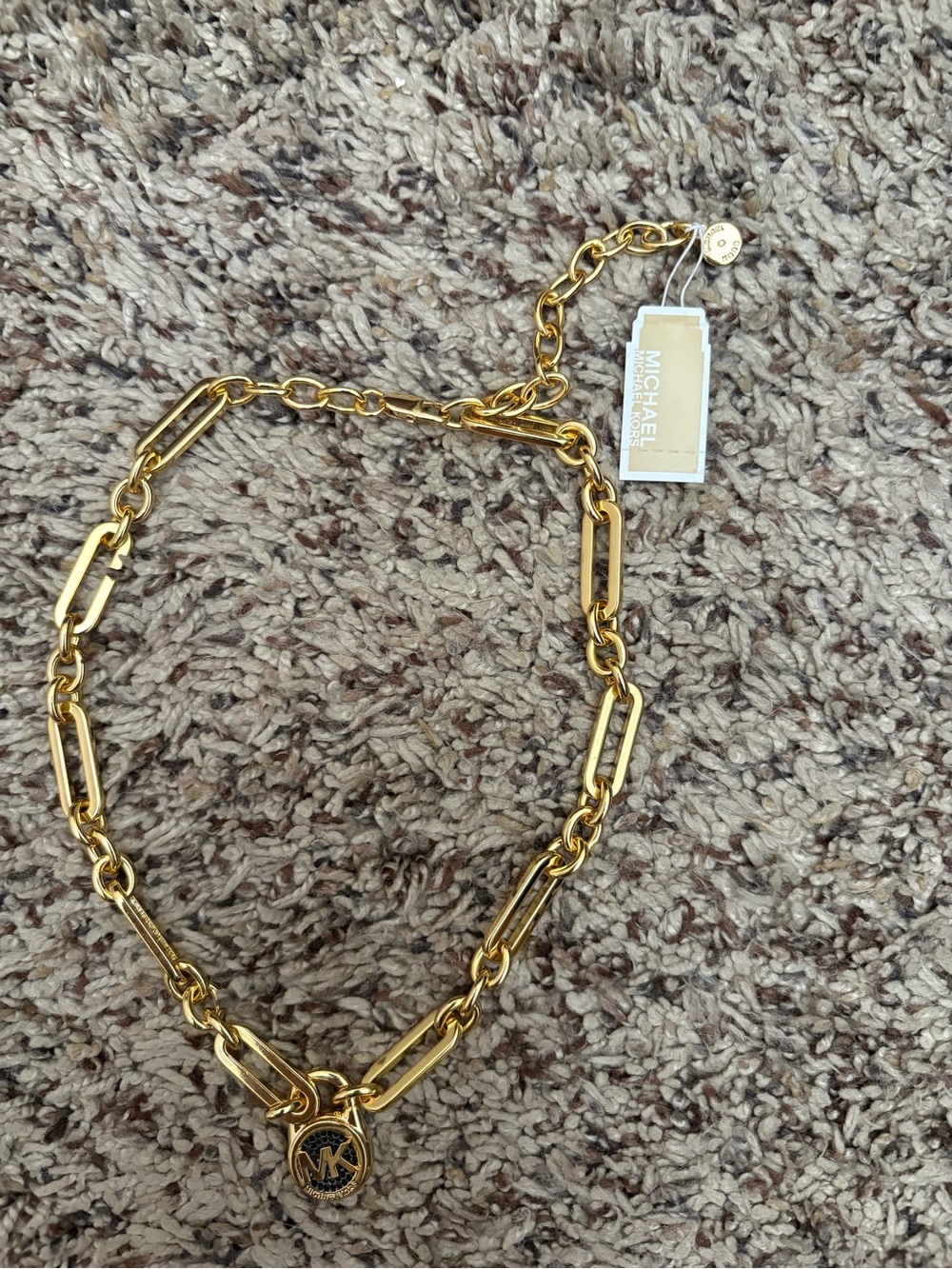 NWT Michael Kors Gold Tone Chain Lock Pendant Necklace Crystal Logo